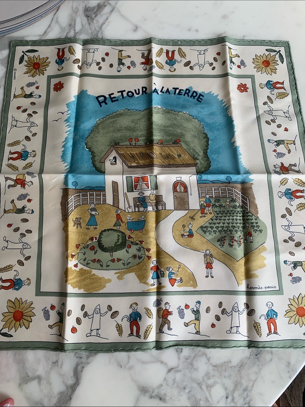 Hermès Multicolor 'Retour à la Terre' Silk Scarf with Green, Blue, Cream & Tan - Picture 1 of 14